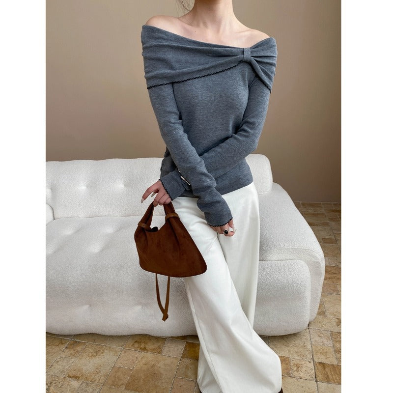 Damen Off-Shoulder Pullover Raffung Länge Langärmelig Norvielle