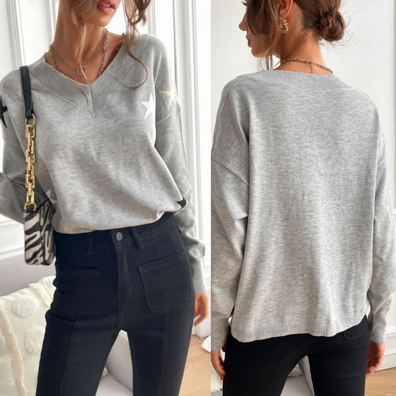 Damen Pullover V-Ausschnitt Sternenmuster Lässig Norvielle