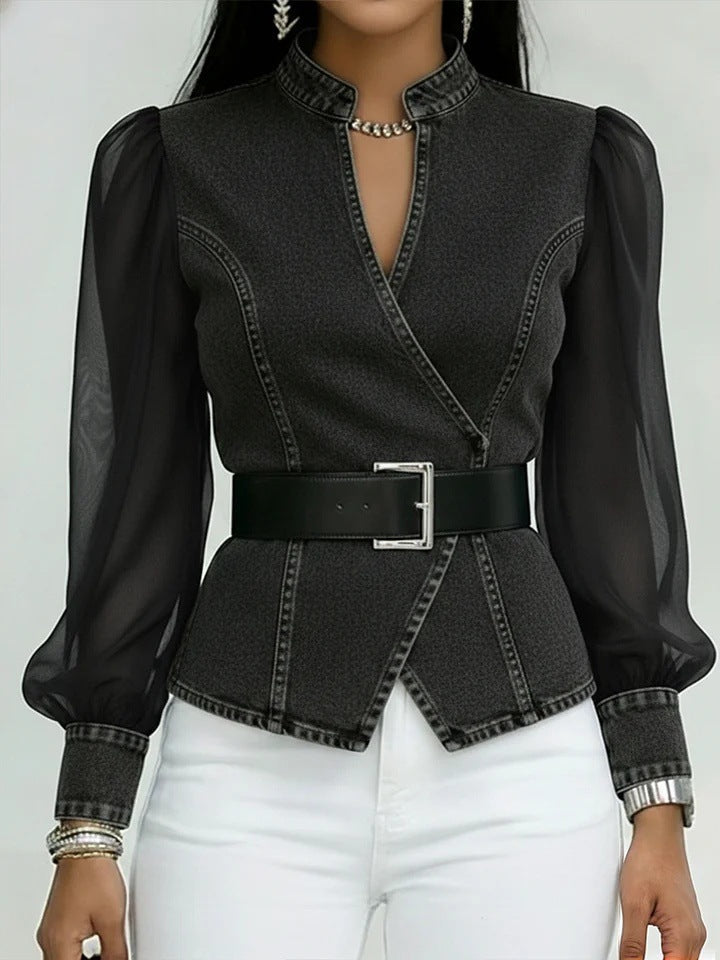 Damen JeansbluseTransparente Ärmel Tailliert