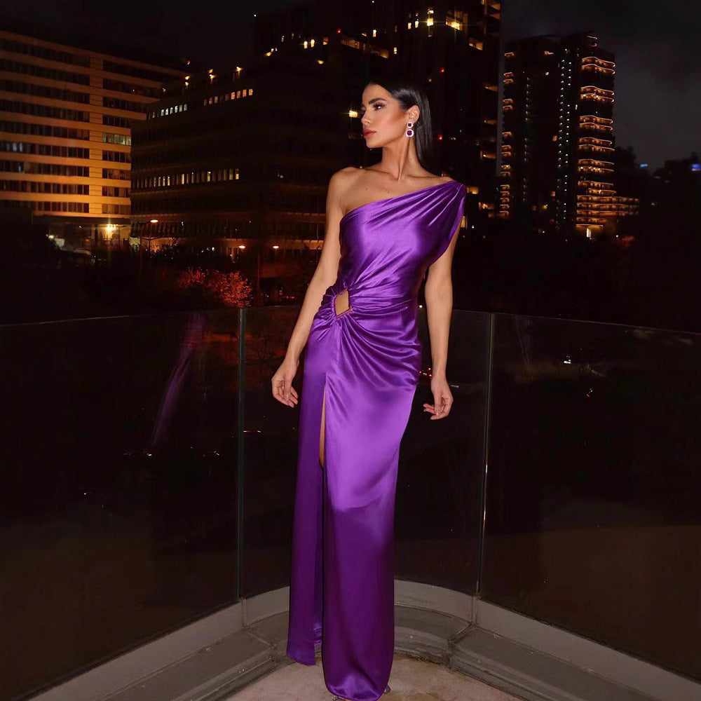 Damen Abendkleid Elegantes Einseitiger Träger Geschlitzter Saum