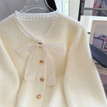 Damen Cardigan Flausch Norvielle Eleganter Schleifenkragen