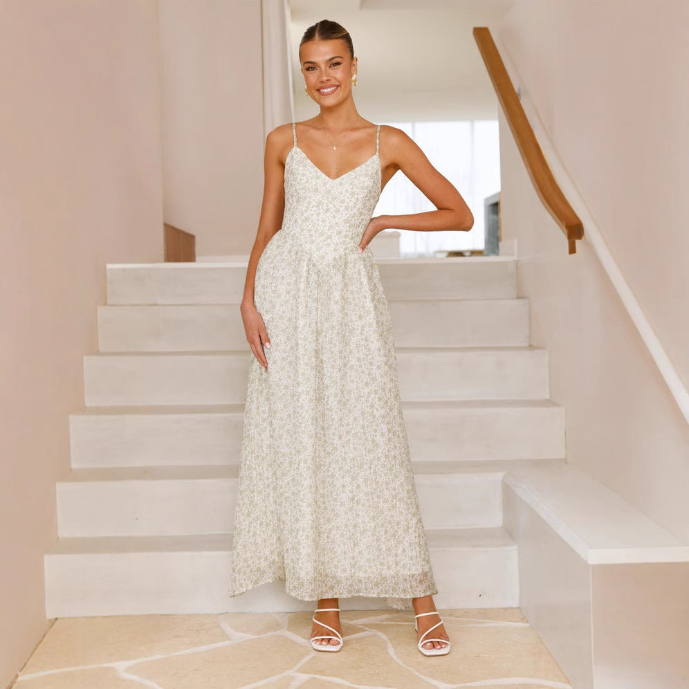 Damen Maxikleid feines Floralmuster Spaghettiträger Norvielle