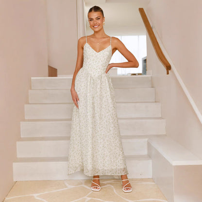 Damen Maxikleid feines Floralmuster Spaghettiträger Norvielle