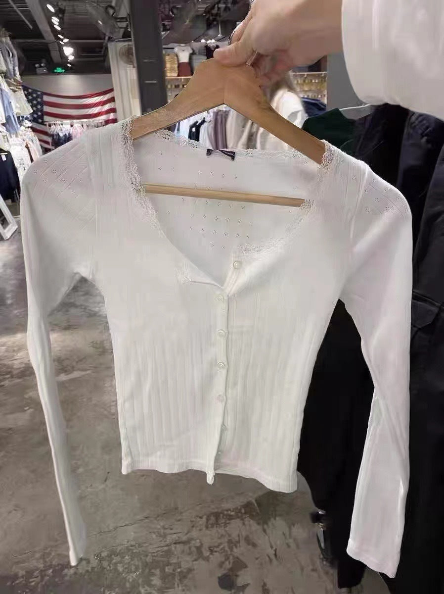 Damen Langarmshirt Spitzenverzierung Fein Norvielle