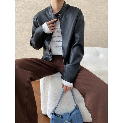 Damen Kunstlederjacke Stehkragen Praktische Taschen