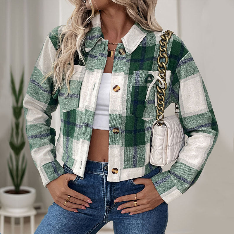 Damen Karobluse Cropped Nostalgisch Knöpfe