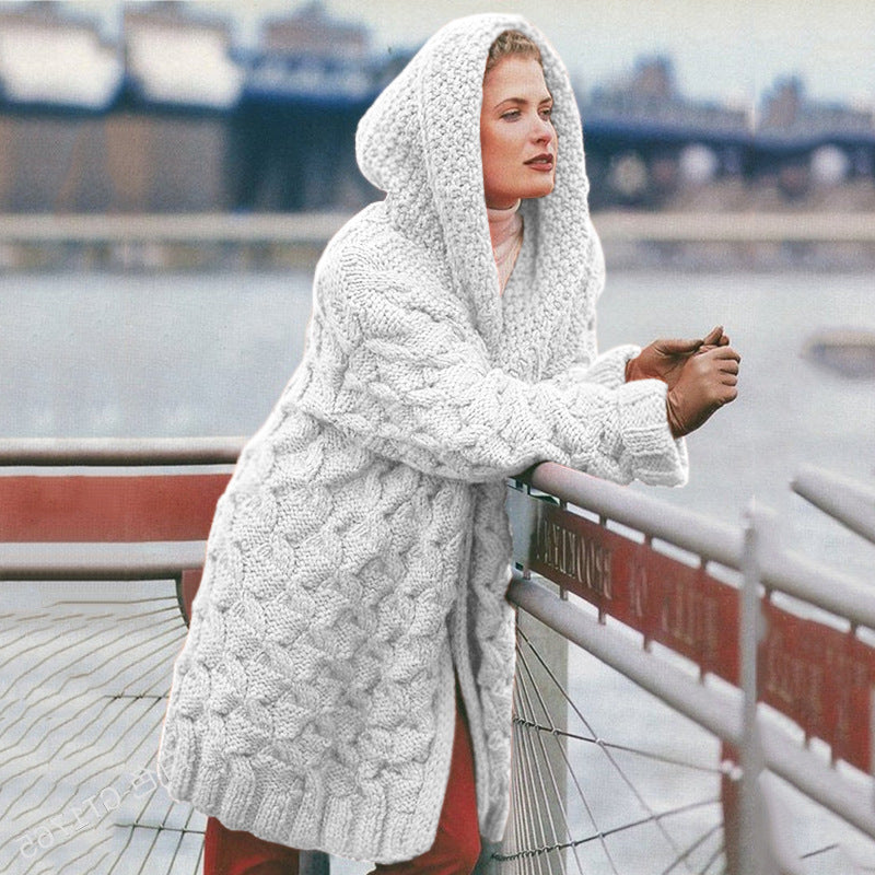 Damen Grobstrick-Cardigan mit Kapuze und Muster