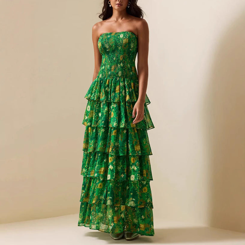 Damen Maxikleid Langärmlig Voluminöse Rüschen Florales Design - Norvielle