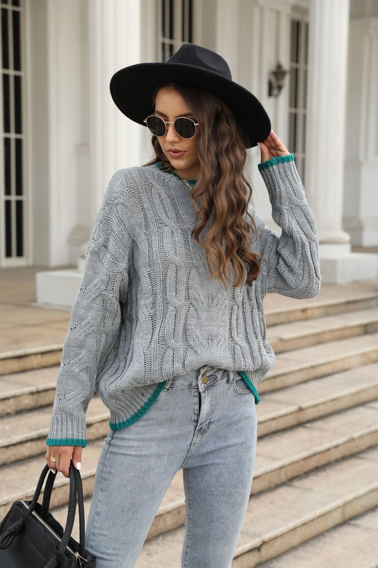 Damen Grobstrickpullover Zopfmuster Akzenten Norvielle