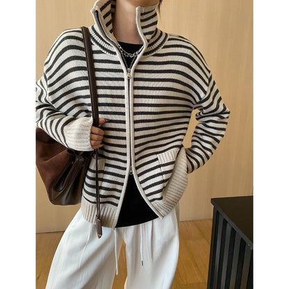 Damen Strickjacke Gestreift Hoher Kragen Beige - Norvielle