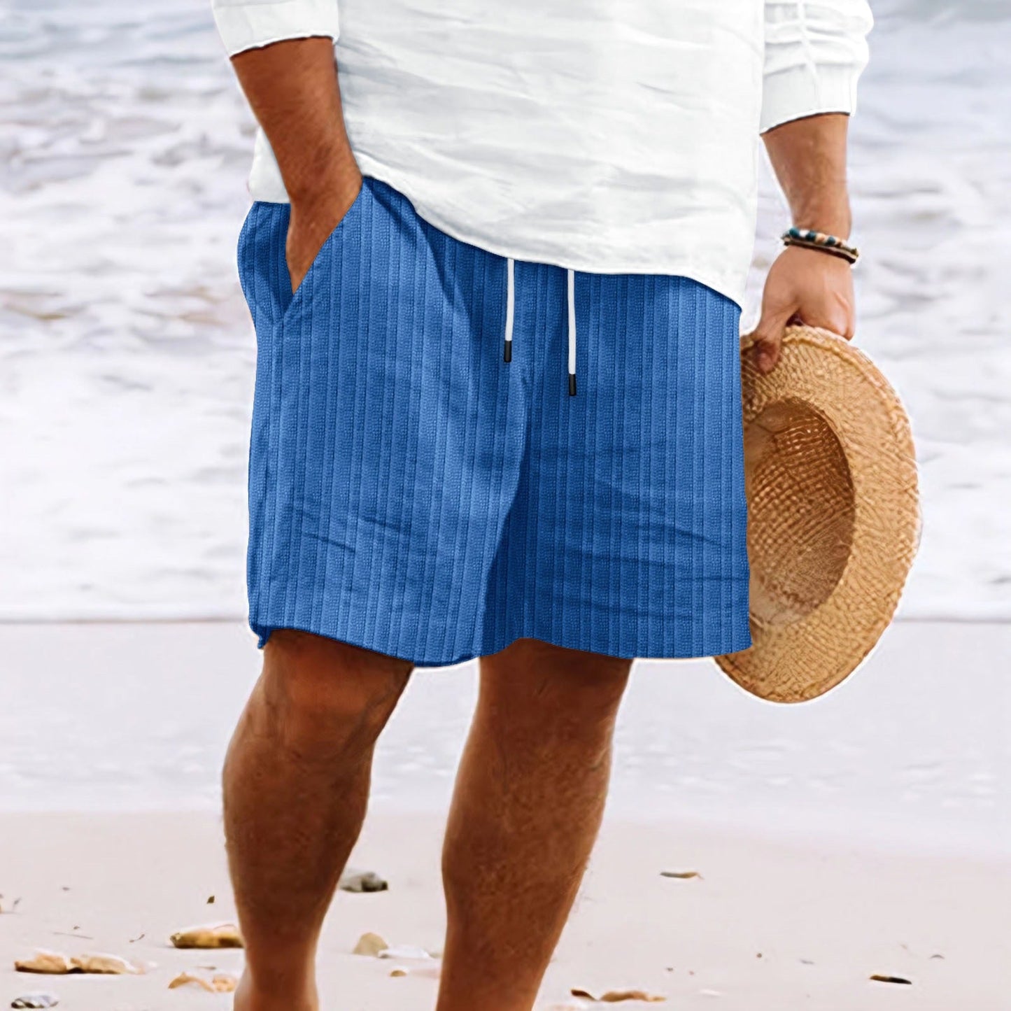 Herren Strandshorts Gestreift Kordelzug Locker Sitz Weiß