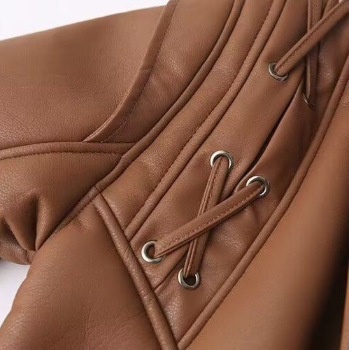 Damen Kunstlederjacke Teddyfutter Schnürdetails