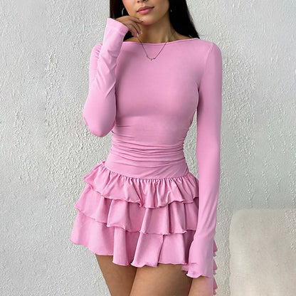 Damen Mini-Kleid Voluminöser Rüschensaum Langer Arm