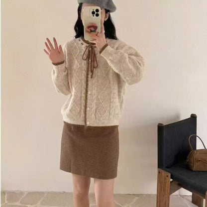 Damen Strickjacke Kuschelig Zopfstrick Beige