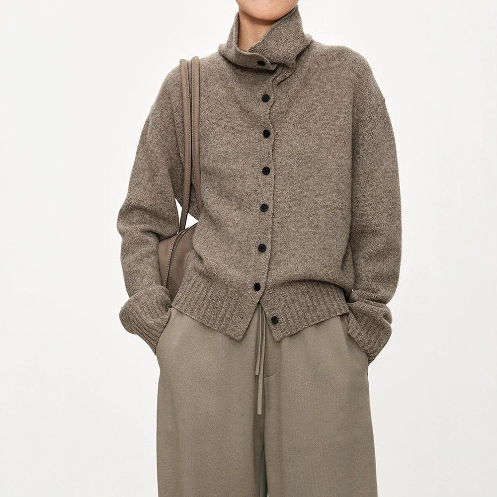 Damen Strickcardigan Hochkragen Knopfleiste Beige