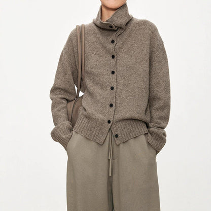 Damen Strickcardigan Hochkragen Knopfleiste Beige