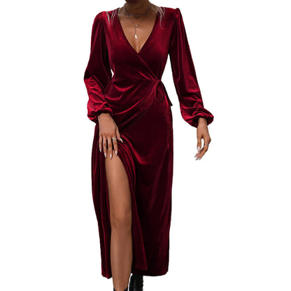 Damen Wickelkleid Samt V-Ausschnitt