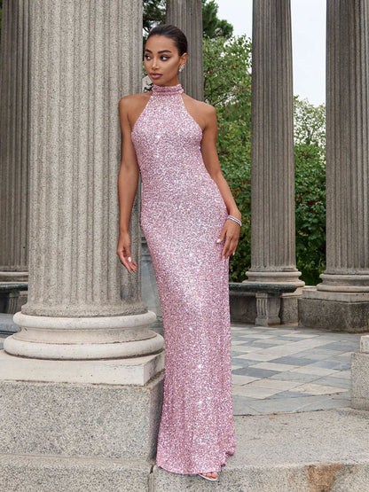 Damen Abendkleid Glitzernd Hochkragen Figurbetont Norvielle