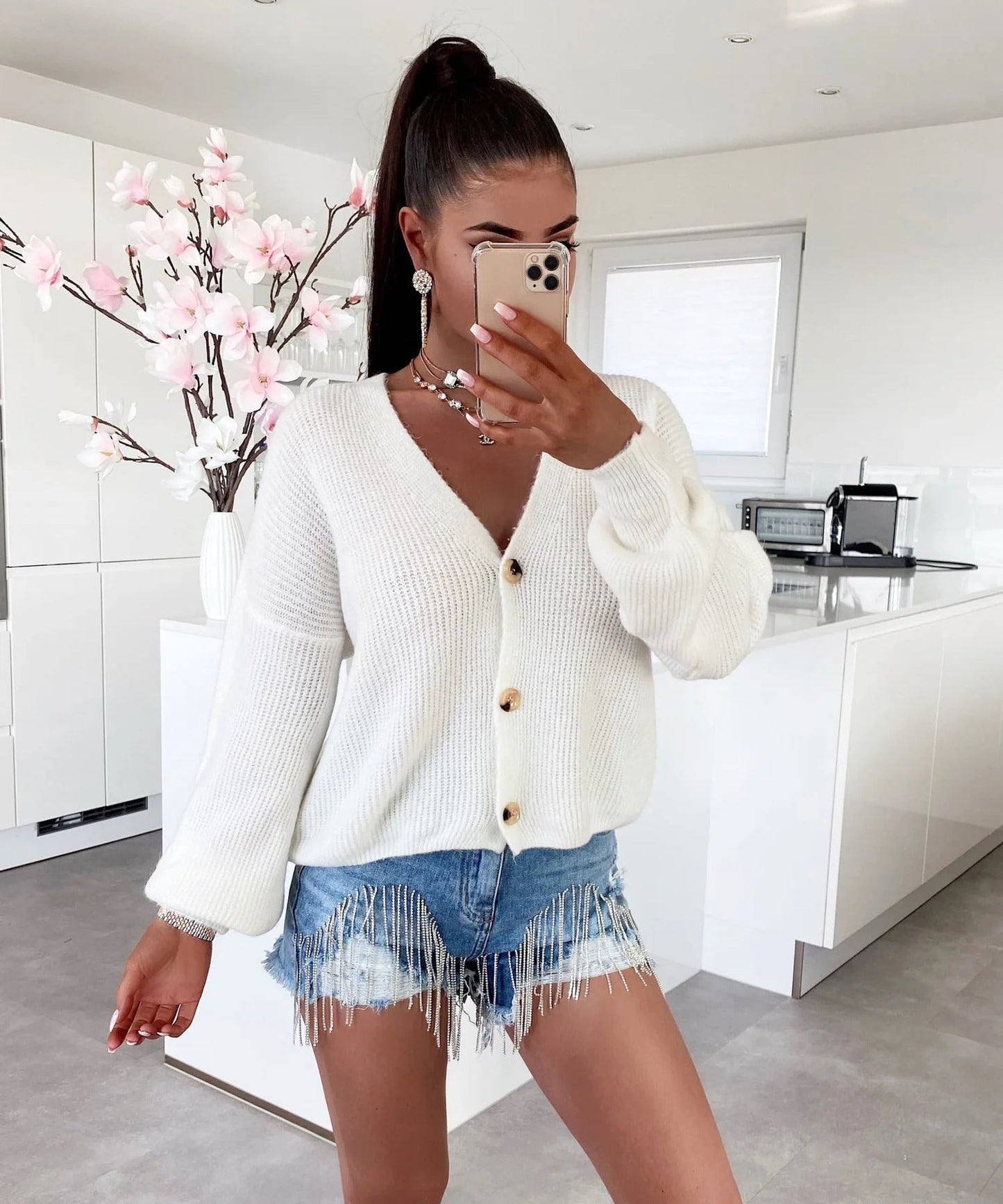 Damen Strickjacke Großknöpfe Lockere Ärmel Beige