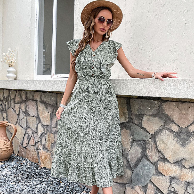 Damen Midi-Kleid Rüschendetails Taillengürtel