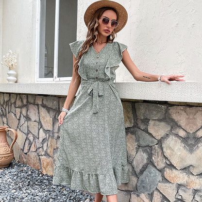Damen Midi-Kleid Rüschendetails Taillengürtel