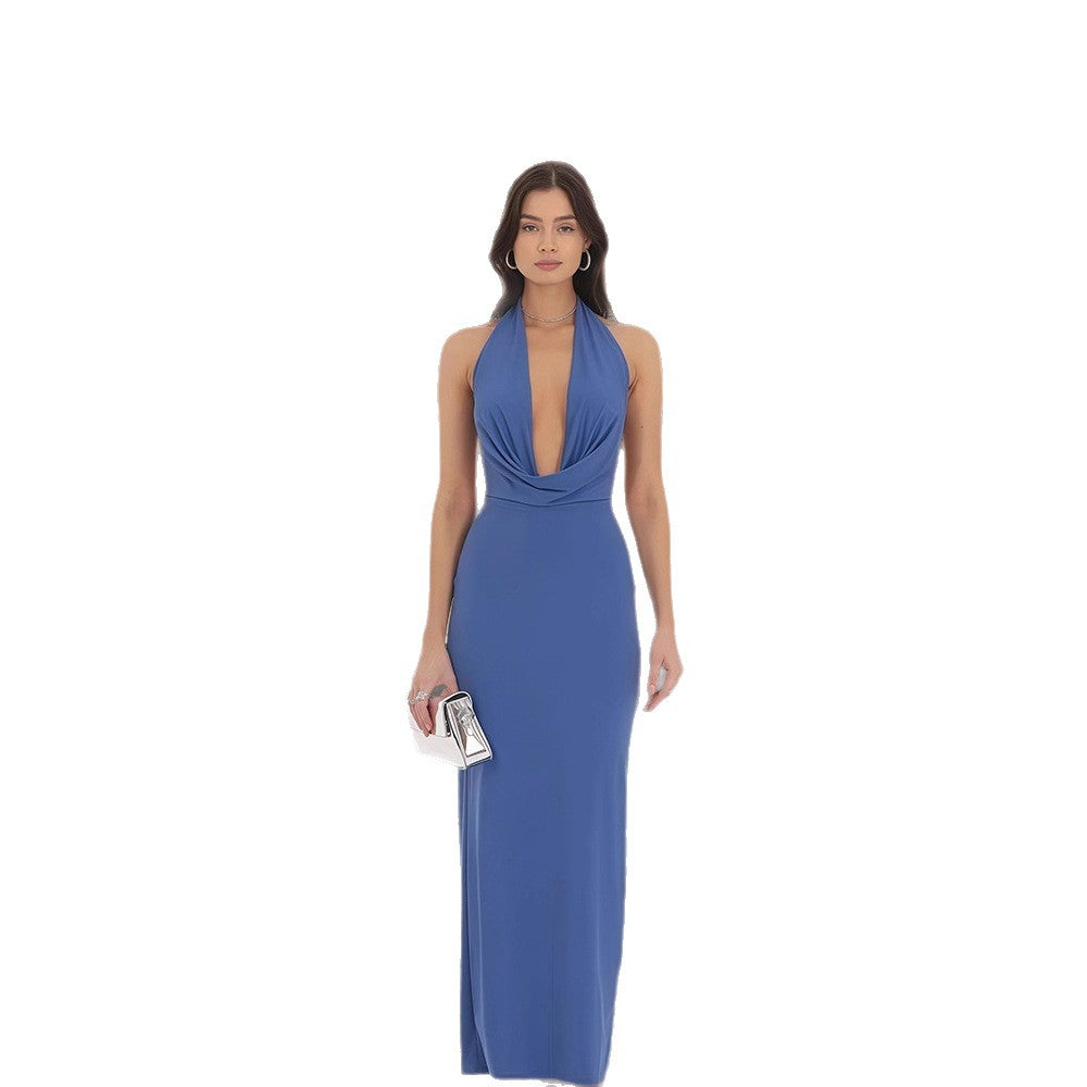 Damen Elegant Kleid Langarm V-Ausschnitt Fließend