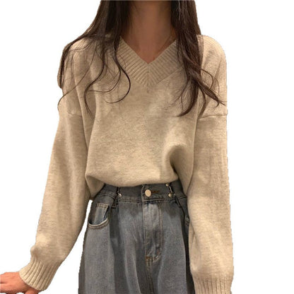 Damen Pullover Weich Wolle V-Ausschnitt Beige