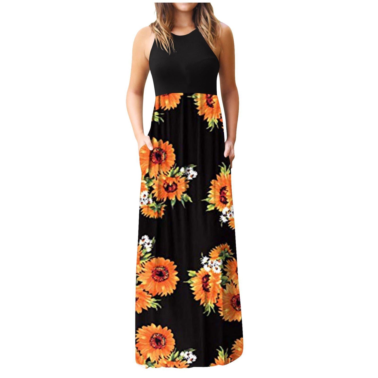 Damen Maxikleid Floralmuster Baumwolle Beige