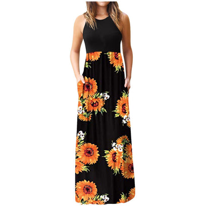 Damen Maxikleid Floralmuster Baumwolle Beige