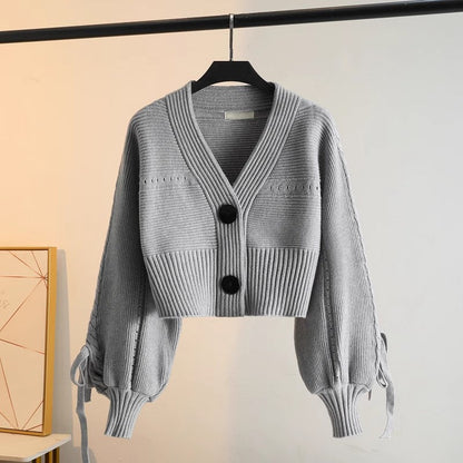 Damen Strickjacke Voluminöse Ärmel Knöpfe Beige - Norvielle
