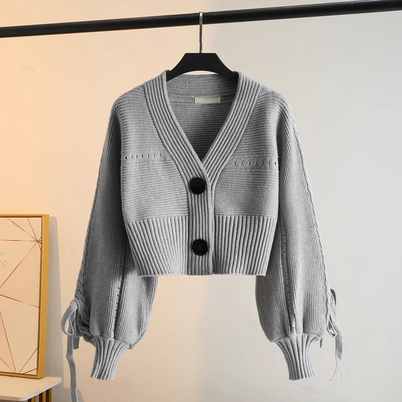 Damen Cropped Cardigan Elegant Knöpfe Rippstruktur Beige - Norvielle