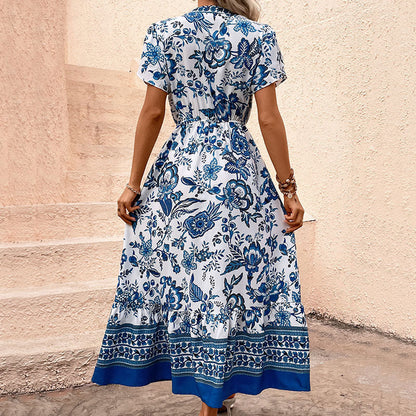 Damen Maxikleid Florales Design Elastischer Gürtel