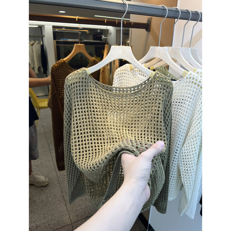 Damen Strickpullover Grobmasches Netzdesign Beige