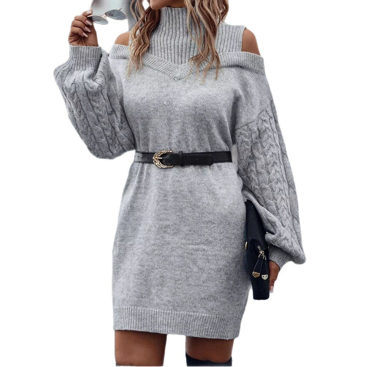 Damen Strickkleid Schulterfrei Zopfmuster Norvielle