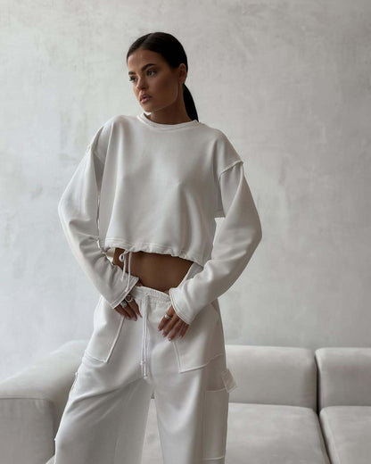 Damen Cropped Sweatshirt mit Kordelzug und weiten Ärmeln Grau