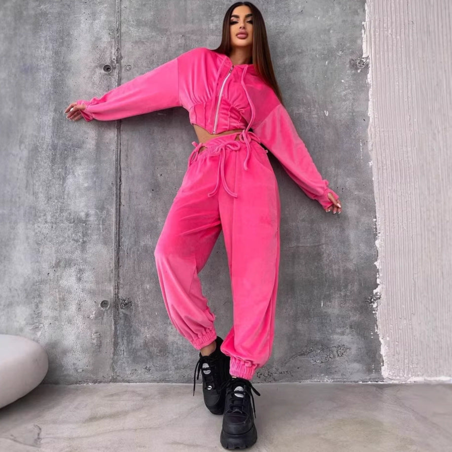 Damen Sportliches Velours-Cropped-Set mit Reißverschluss und - Norvielle