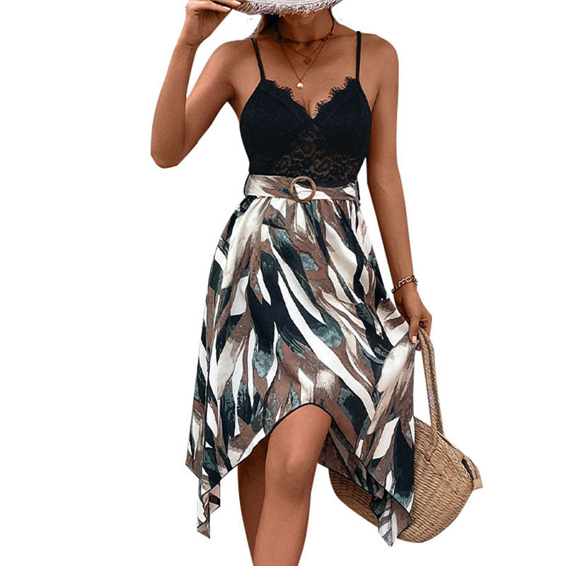 Damen Strandkleid Asymmetrisch Spitze Taillengürtel Norvielle