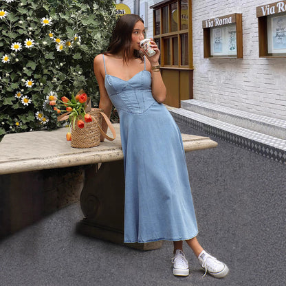 Damen Maxikleid Denim Spaghettiträger Elegant Blau - Norvielle