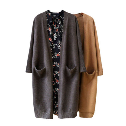 Damen Strickjacke Lang Mit Taschen Offener Schnitt Beige