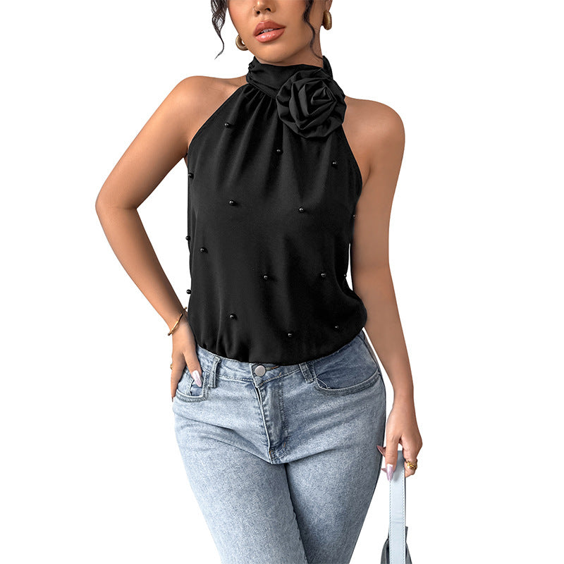 Damen Halterneck- Blumenapplikation Perlen Weiß