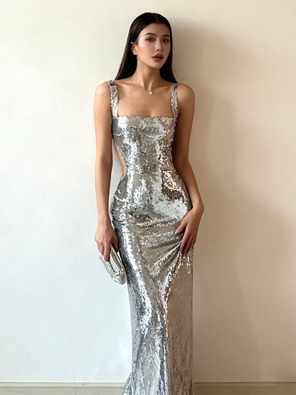Damen Pailletten-Abendkleid Lange Robe Tiefes Dekolleté