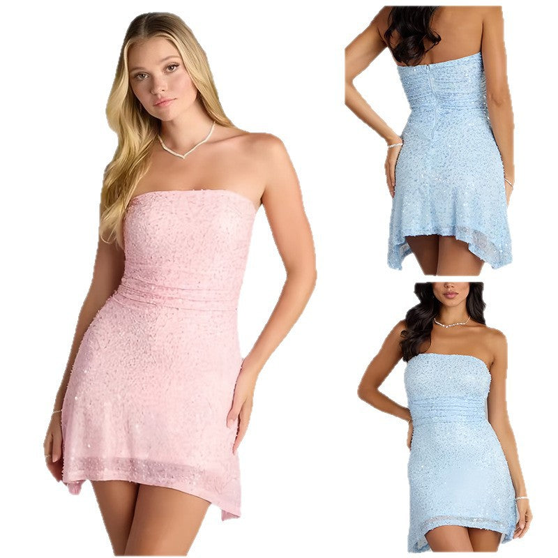 Damen Cocktailkleid Pailletten Wickeldesign schimmernd