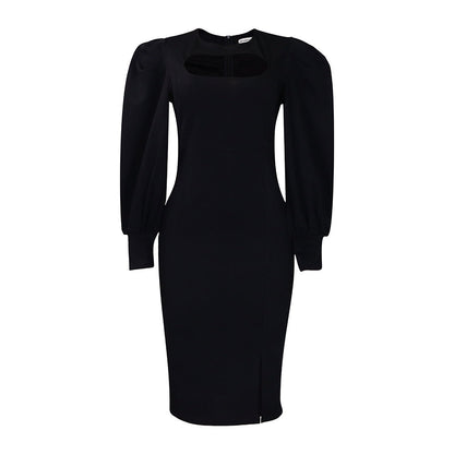 Damen Midi-Kleid Raffinierter Ausschnitt Voluminöse Puffärmel