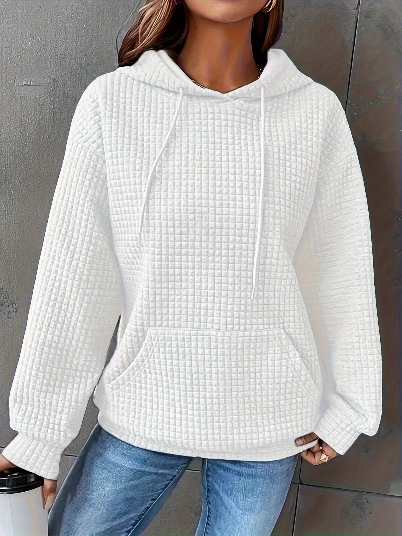 Damen Kapuzenpullover Strukturiertes Waffelmuster Mit Taschen