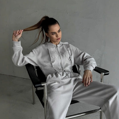 Damen Sweat- und Jogginghose-Set mit hohem Kragen und weitem Schnitt