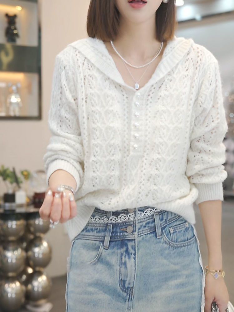 Damen Strickpullover mit Kapuze und Knöpfen Norvielle
