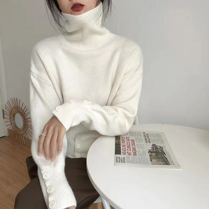Damen Rollkragenpullover Kuschelfleece Knöpfe Beige