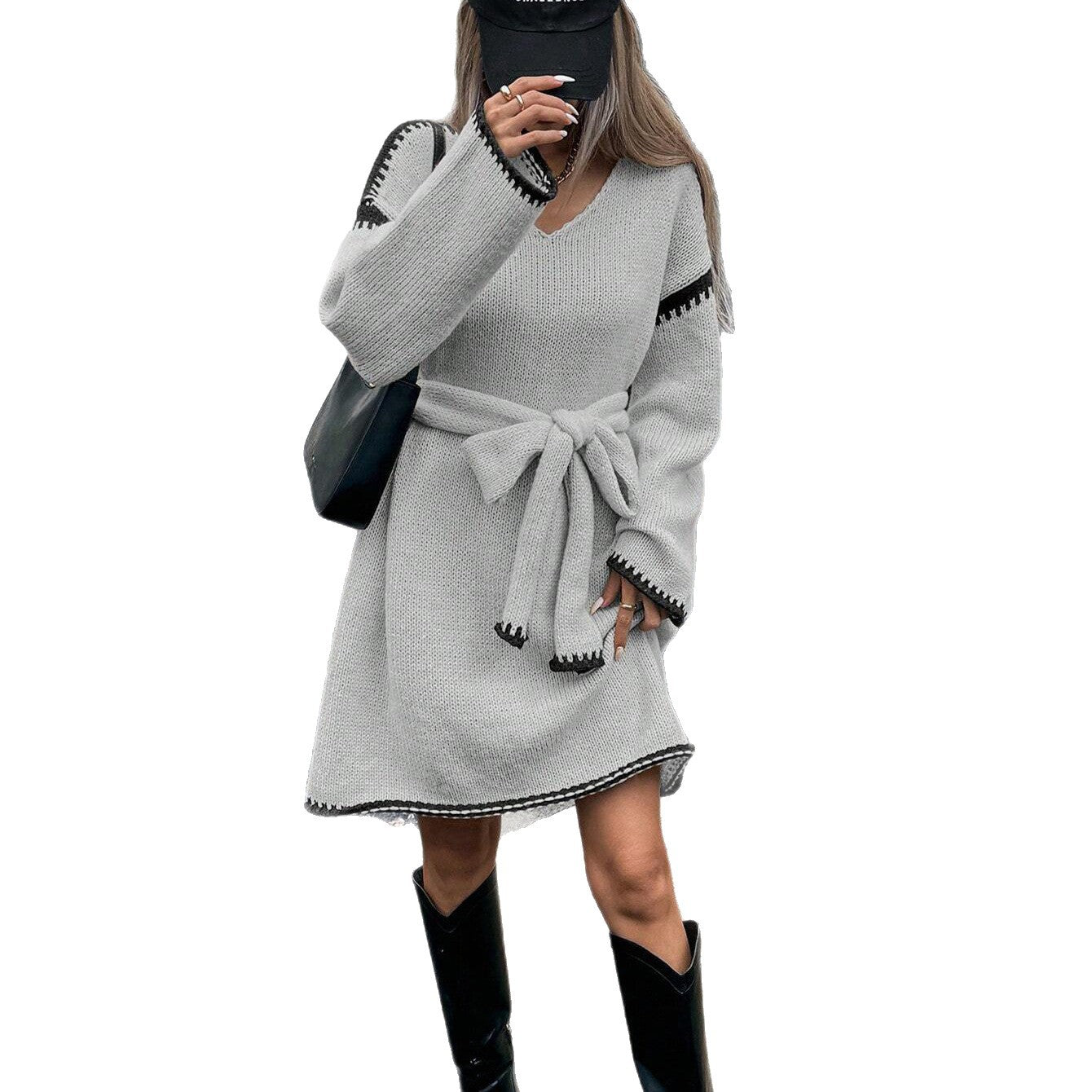Damen Strickkleid mit Gürtel Optische Details Norvielle