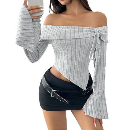 Damen Off-Shoulder-Oberteil Asymmetrischer Saum Trompetenärmel