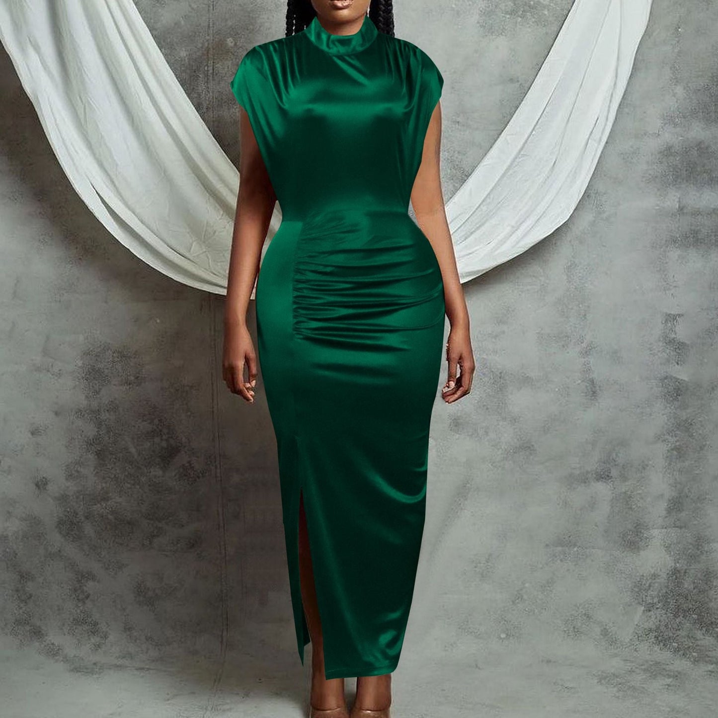 Damen Midi-Kleid Raffungen Figurbetont